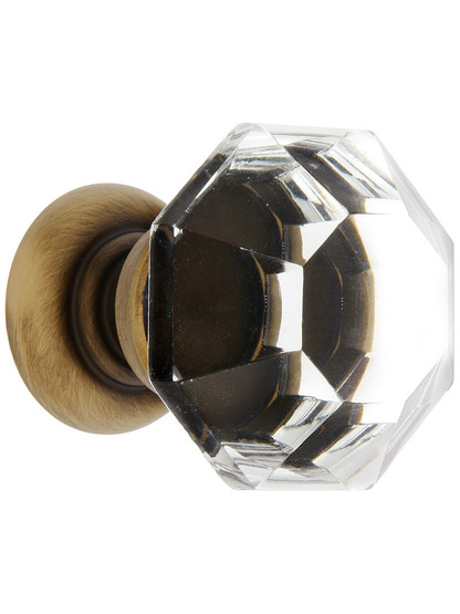 Large Octagonal Cut Crystal Knob With Solid Brass Base in Antique Brass.